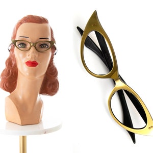 Vintage 1950s Glasses Frames 50s Cat Eye Metallic Gold Lucite Cateye Mid Century Pin Up Sunglasses Frames Made in France image 1