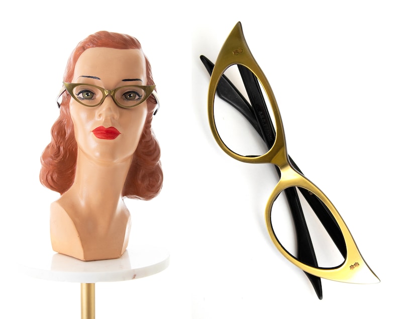 Vintage 1950s Glasses Frames 50s Cat Eye Metallic Gold Lucite Cateye Mid Century Pin Up Sunglasses Frames Made in France image 1