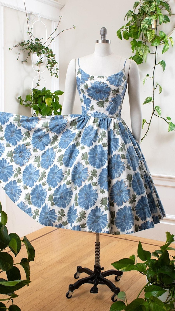 blue floral 50s dress Retro Stage Summer Halter Daisy Lace Swing Dress Blue Dress main image 0