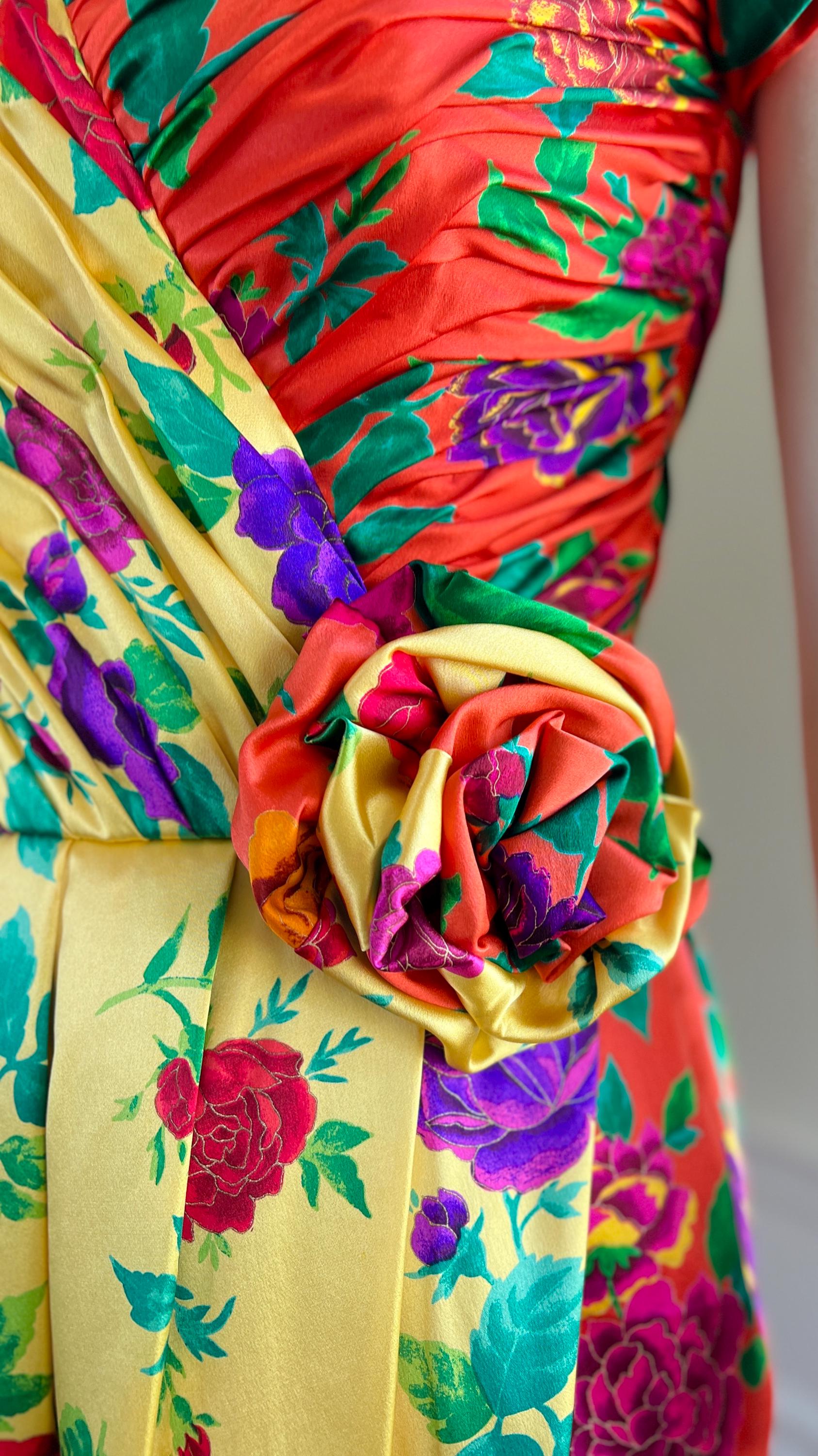 ワンピース 80s vintage satin ribbon flower dress Vintage 1980s Cocktail Dress | 80s Silk Rose Floral Print Ruched