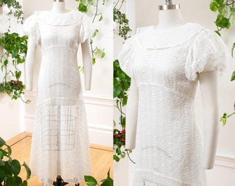 Vestido de noiva vintage dos anos 1930 | Vestido longo Art Déco com mangas bufantes e ilhós, branco e transparente, dos anos 30 | pequeno/médio