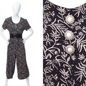 Vintage 1990s Jumpsuit | 90s Ditsy Floral Print Black Rayon Wide Leg Jumpsuit (medium/large)