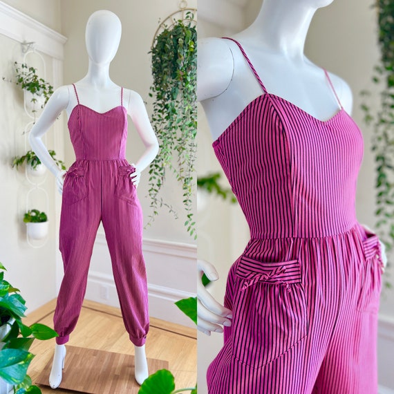 Vintage 1970s Jumpsuit | 70s Pinstriped Striped Cotton Sweetheart Neckline Pockets Sleeveless Pants Romper (small)