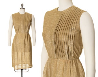 Vintage 1960s Cocktail Dress | 60s Metallic Gold Lurex Pleated Wiggle Sheath Party Evening Formal Dress (medium)