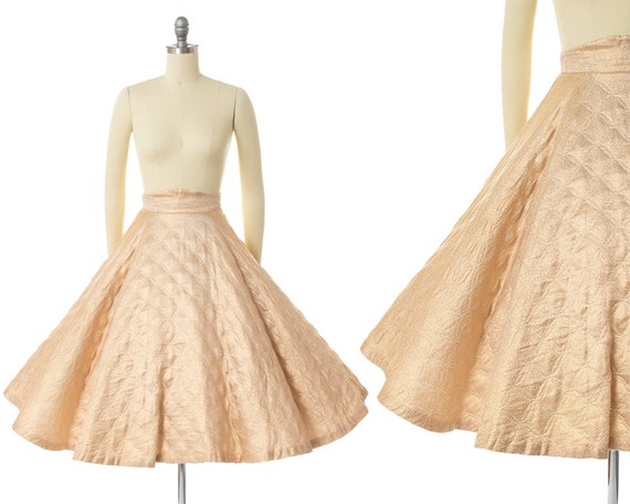 Vintage 1950s Circle Skirt | 50s Metallic Gold Lam