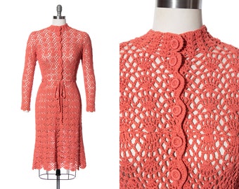 Vintage 1970s Sweater Dress | 70s Knit Salmon Pink Peach Open Crochet Knit See Through Sheer Long Sleeve Sheath Wiggle Dress (xs-large)