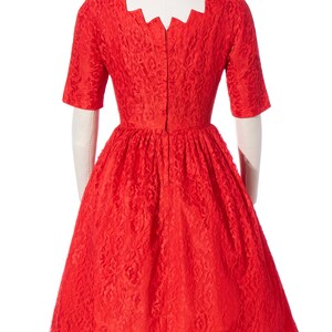 Vintage 1950s Party Dress 50s Red Lace Zig Zag Neckline Fit and Flare Full Skirt Formal Evening Holiday Dress medium image 4