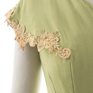 Vintage 1950s Dress 50s Linen Lace Light Green Beaded Rhinestones Wiggle Sheath Day Dress with Pockets small/medium image 7