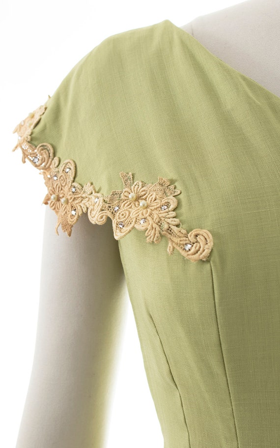 Vintage 1950s Dress | 50s Linen Lace Light Green … - image 7