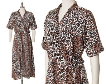 Vintage wikkeljurk jaren 70 | Jaren 70 katoenen maxi-jurk met dierenprint en luipaardprint en zakken (small/medium)