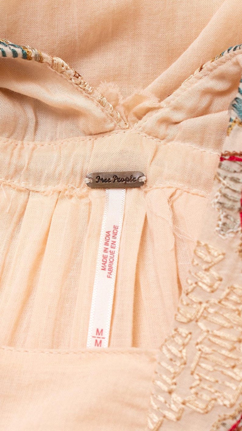 Vestido moderno estilo años 70 / FREE PEOPLE Paisley bordado crema beige algodón transparente manga globo Boho Festival de verano / pequeño/mediano imagen 10