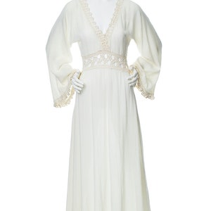 Vintage 1970s Dress 70s Cream Off-White Cotton Gauze Crochet Wide Bell Sleeve Full Length Maxi Boho Bridal Wedding Gown x-small/small image 2