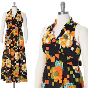 Vintage 1970s Maxi Dress | 70s Poppy Floral Geometric Printed Polyester Black Orange Full Length Fit and Flare Dress (small/medium)