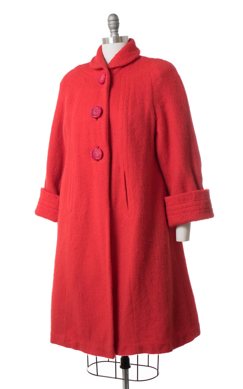 smallmedium 50s Red Wool Swing Coat with Candy Buttons Vintage 1950s Coat