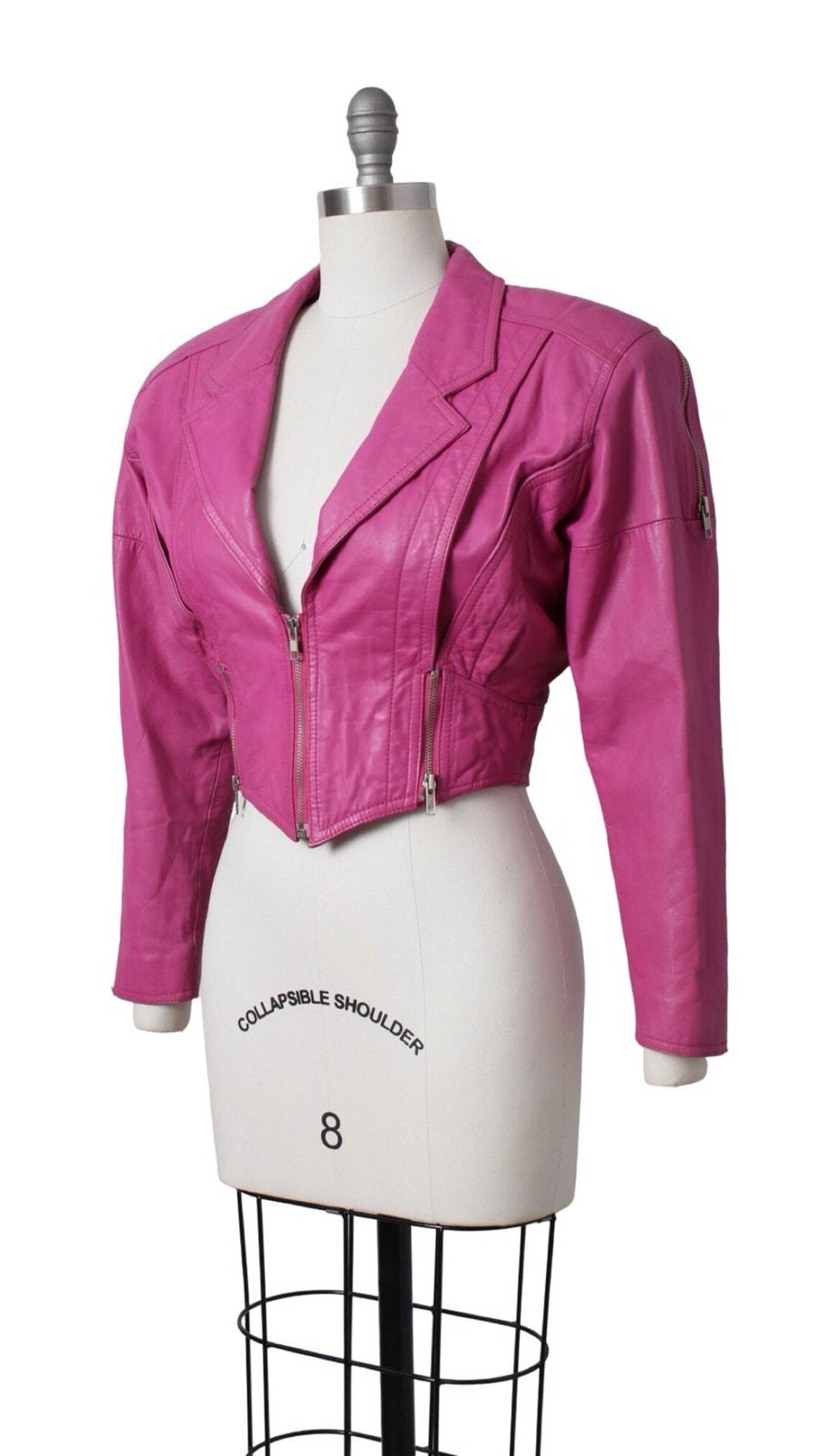 Vintage 1990s Jacket | 90s Hot Pink Genuine Leather Cropped Zippers Jacket | small, Foto 3 von 5