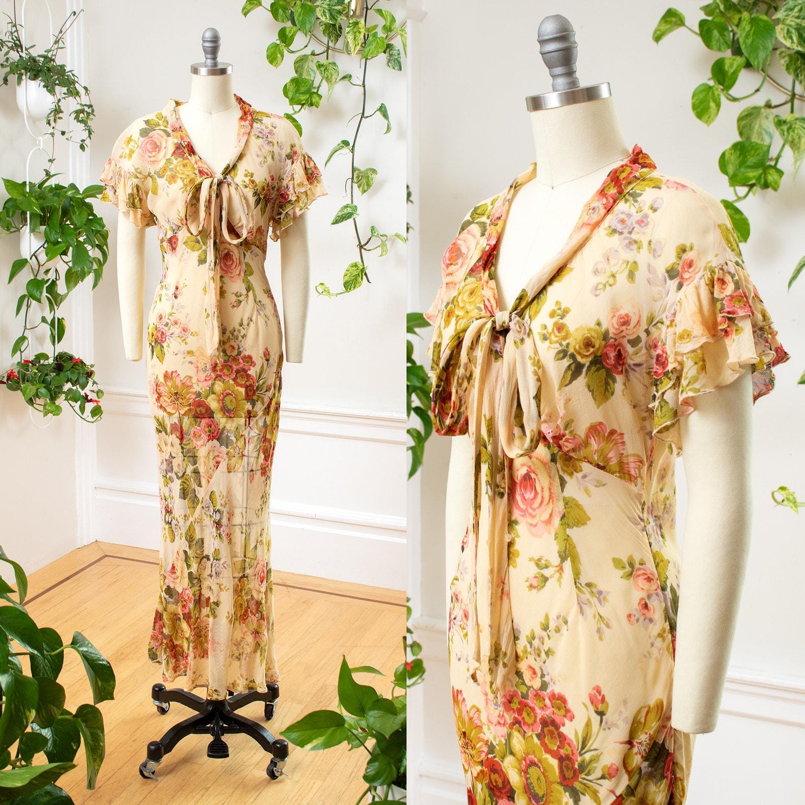 Vintage 2000s does 1930s Dress | Y2K Cream Rose Floral Sheer Rayon Bias Cut Romantic Special Occasion Maxi Gown | x-small/small