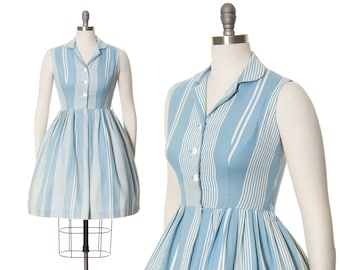Vintage 1950er 1960er Jahre Hemdkleid | 50er 60er Blau gestreiftes Sommerkleid Baumwolle Nadelstreifen Vollrock Fit and Flare Sommerkleid Shirtwaist (small)