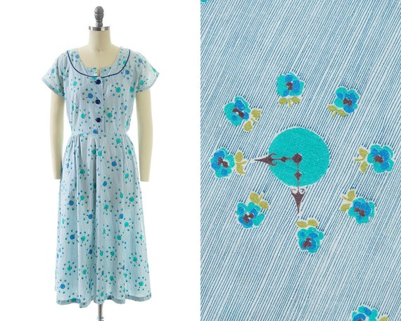 Vintage 1940s Shirt Dress | 40s Clock Floral Novel