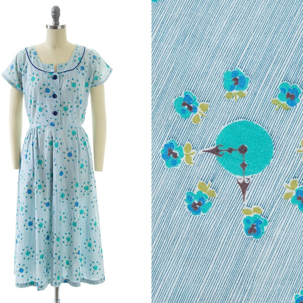 75 DRESS SALE /// Vintage 1940s Shirt Dress | 40s Clock Floral Novelty Print Cotton Blue Shirtwaist Day Dress (small)