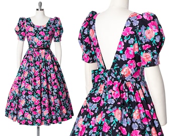 Vintage 1980s Dress | 80s LAURA ASHLEY Floral Printed Cotton Black Pink Puff Sleeve Bow Full Skirt Fit & Flare Midi Day Dress (small/medium)