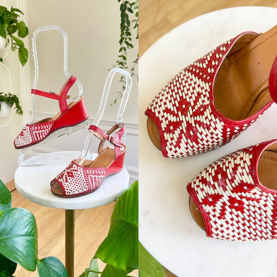 Vintage 1940s 1950s Sandals | 40s 50s Woven Leather Red White