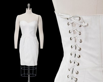 Vintage 1980s Dress | 80s White Leather Lace Up Strapless Bodycon Wiggle Sweetheart Corset Mini Dress (small/medium)