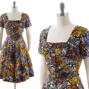 Vintage 1950s Dress Set | 50s Geometric Printed Cotton Button Up Blouse Matching Full Swing Skirt Set (medium)