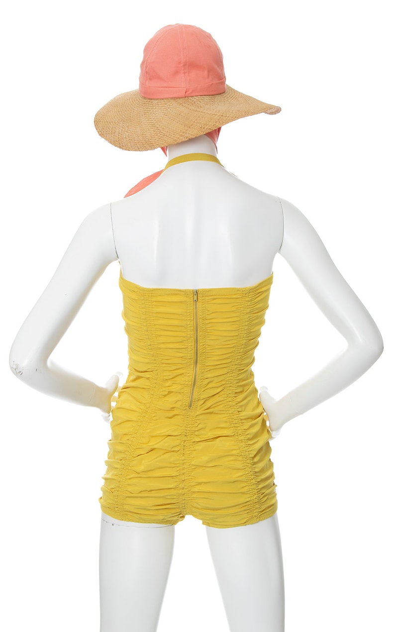 Vintage 1940s 1950s Swimsuit 40s 50s CATALINA Bright Canary Yellow Ruffled Ruched Halter One Piece Bathing Suit x-small/small image 4