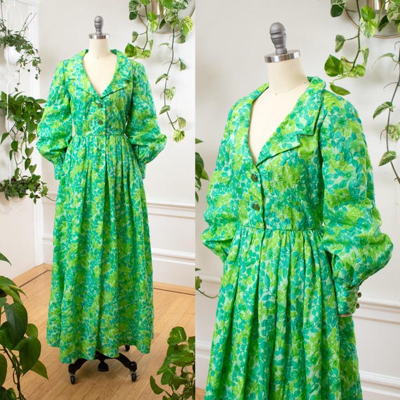sixties maxi dresses Vintage 1960s Maxi Dress | 60s Floral Green Nylon Plissé Fit and Flare  Button Down Shirtwaist Hostess Party Gown | Small