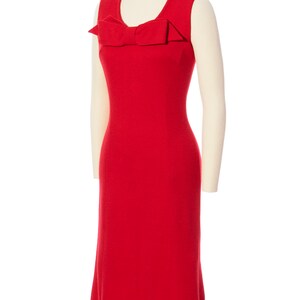 Vintage 1960s Dress 60s Red Wool Jersey Big Bow Wiggle Sheath Knit Sleeveless Holiday Party Bodycon Dress x-small/small image 3