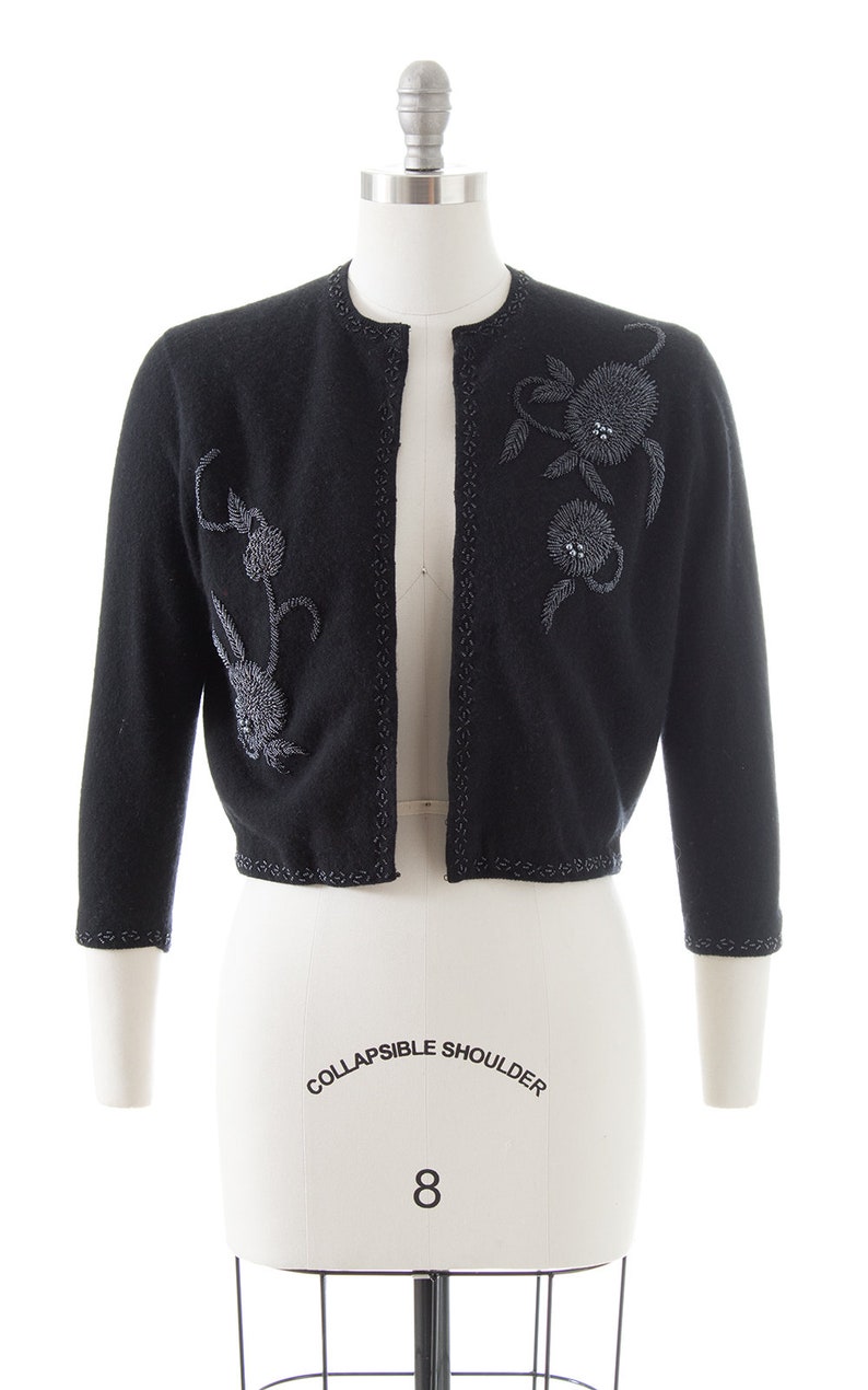 mediumlarge Vintage 1950s Cardigan 50s Floral Beaded Knit Black Wool Cropped Sweater
