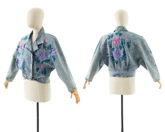 Vintage 1990s Jean Jacket | 90s Hand Painted Rose… - image 2