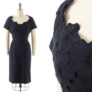 Vintage 1950s 1960s Dress | 50s 60s Black Floral Cotton Cutwork Embroidered Wiggle Sheath Day Dress (small)