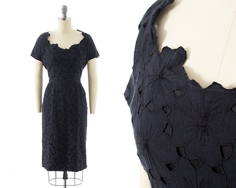 Vintage 1950s 1960s Dress | 50s 60s Black Floral Cotton Cutwork Embroidered Wiggle Sheath Day Dress (small)