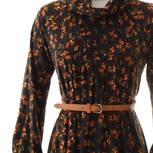 Vintage 1970s Trapeze Dress 70s Floral Print Acrylic Jersey Knit Brown Turtleneck Long Sleeve A-Line Sweater Dress x-small/small/medium image 6