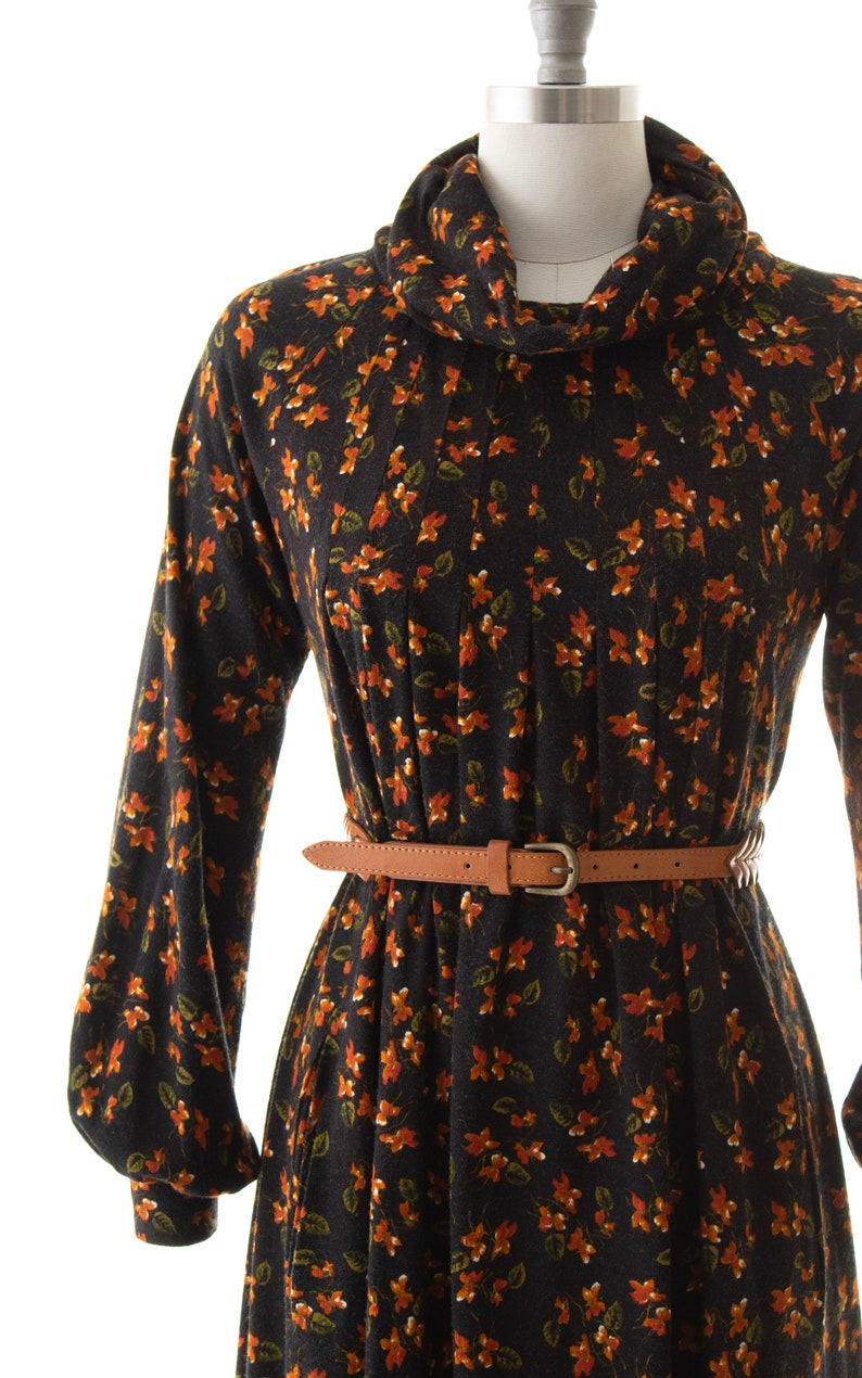 Vintage 1970s Trapeze Dress 70s Floral Print Acrylic Jersey Knit Brown Turtleneck Long Sleeve A-Line Sweater Dress x-small/small/medium image 6