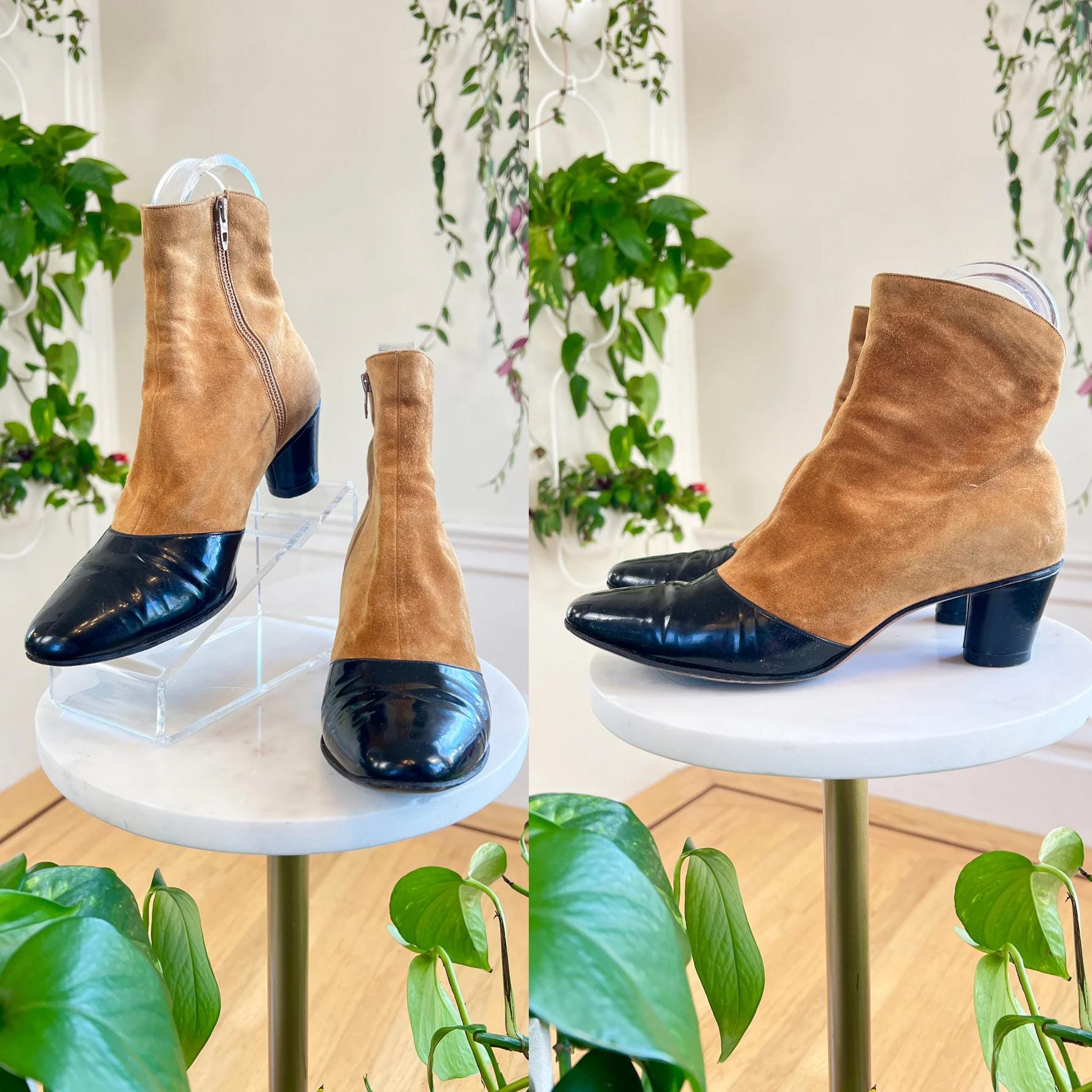 Vintage 1960s Ankle Boots | 60s Two Tone Caramel Brown Suede Black Patent Leather Mod Go Go Shoes | size US 6.5