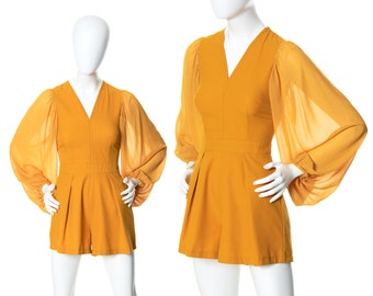 Modern Romper | 1970s 70s Vintage Style Mustard Yellow Chiffon Balloon Sleeves Shorts Party Playsuit Jumpsuit | x-small