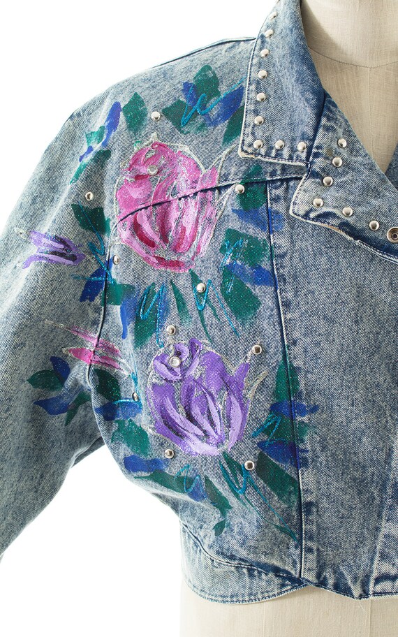 Vintage 1990s Jean Jacket | 90s Hand Painted Rose… - image 7