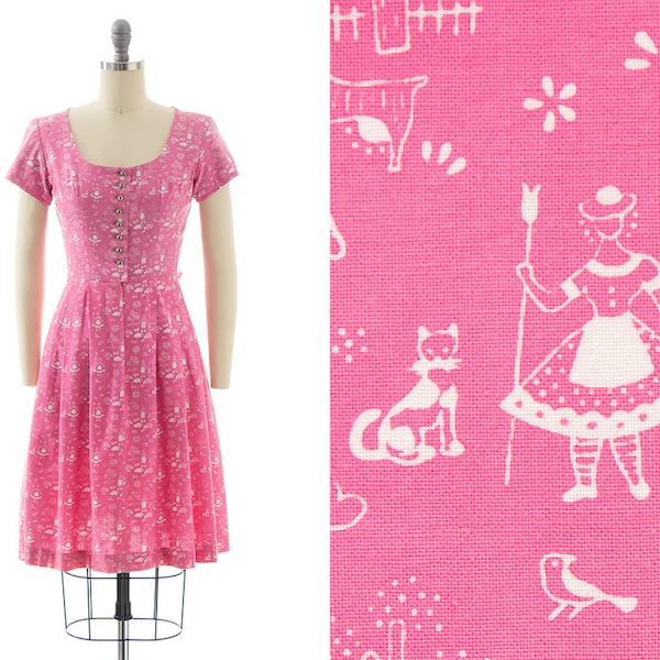 Vintage 1960s Dirndl Dress | 60s Cat Animals People Floral Novelty Print Pink Cotton Full Skirt German Shirtwaist Day Dress (x-small)