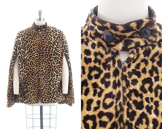 Vintage 1960s Cape | 60s Leopard Print Faux Fur Po