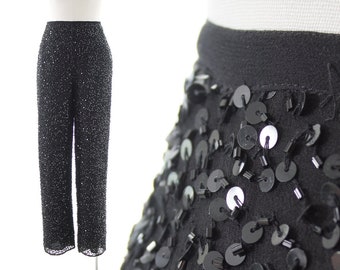 Pantalones de vestir vintage de los años 80 / Pantalones de cintura alta negros con lentejuelas y cuentas de gasa de seda de ADRIANNA PAPELL de los años 80 (pequeño/mediano)