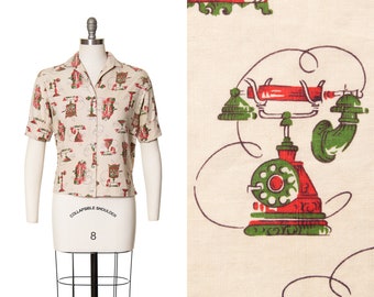 Vintage 1950s Blouse | 50s Novelty Print Antique Telephones Phones Cotton Printed Button Up Shirt Collared Short Sleeve Top (medium)