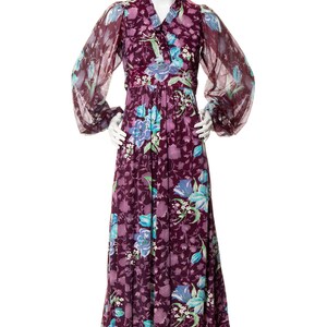 Vintage 1970s Maxi Dress 70s Floral Purple Sheer Bishop Balloon Sleeve Empire Waist Fit and Flare Boho Day Dress x-small image 2