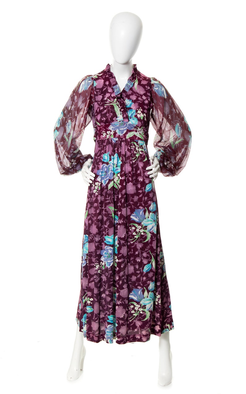 Vintage 1970s Maxi Dress 70s Floral Purple Sheer Bishop Balloon Sleeve Empire Waist Fit and Flare Boho Day Dress x-small image 2