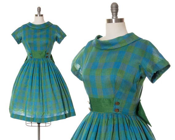 Vintage 1960s Dress | 60s Plaid Cotton Blend Gree… - image 1