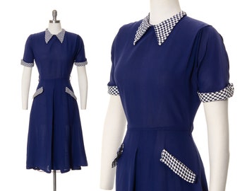 Vintage 1950s Dress | 50s Gingham Navy Blue Rayon Fit and Flare Day Cocktail Dress (medium)