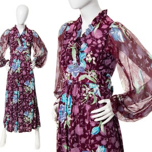 Vintage 1970s Maxi Dress 70s Floral Purple Sheer Bishop Balloon Sleeve Empire Waist Fit and Flare Boho Day Dress x-small image 1