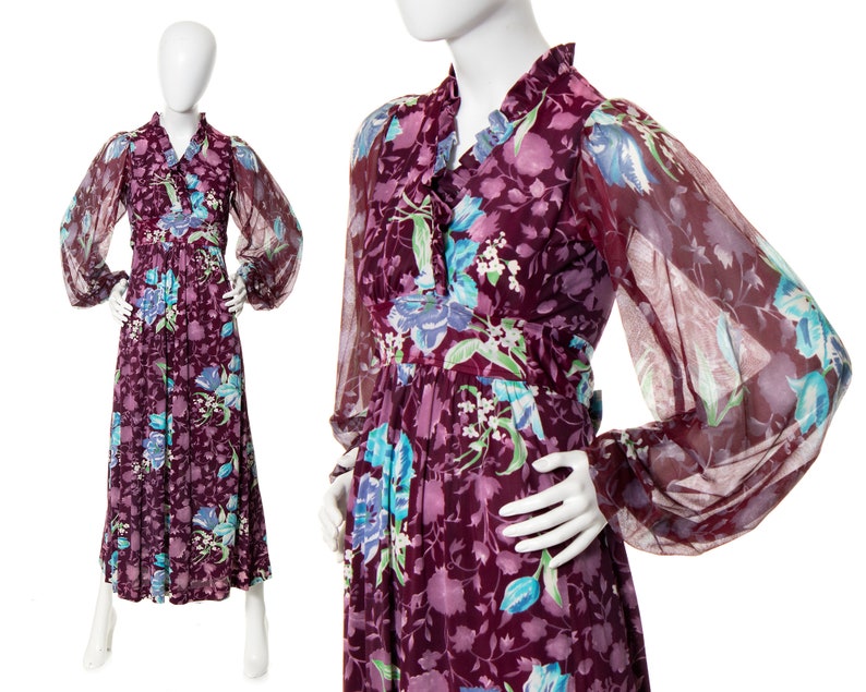 Vintage 1970s Maxi Dress 70s Floral Purple Sheer Bishop Balloon Sleeve Empire Waist Fit and Flare Boho Day Dress x-small image 1