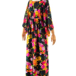 Vintage 1970s Maxi Dress 70s Floral Printed Kimono Sleeve Black Floral Full Length Witchy Boho Dress small/medium image 4